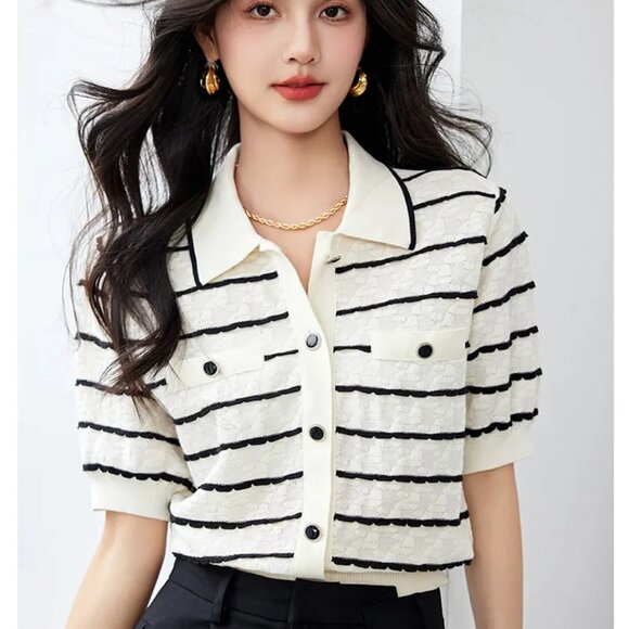 Elegant Polo Collar Women Slimming Knitted Half Sleeve Shirt - Picture 3 of 6